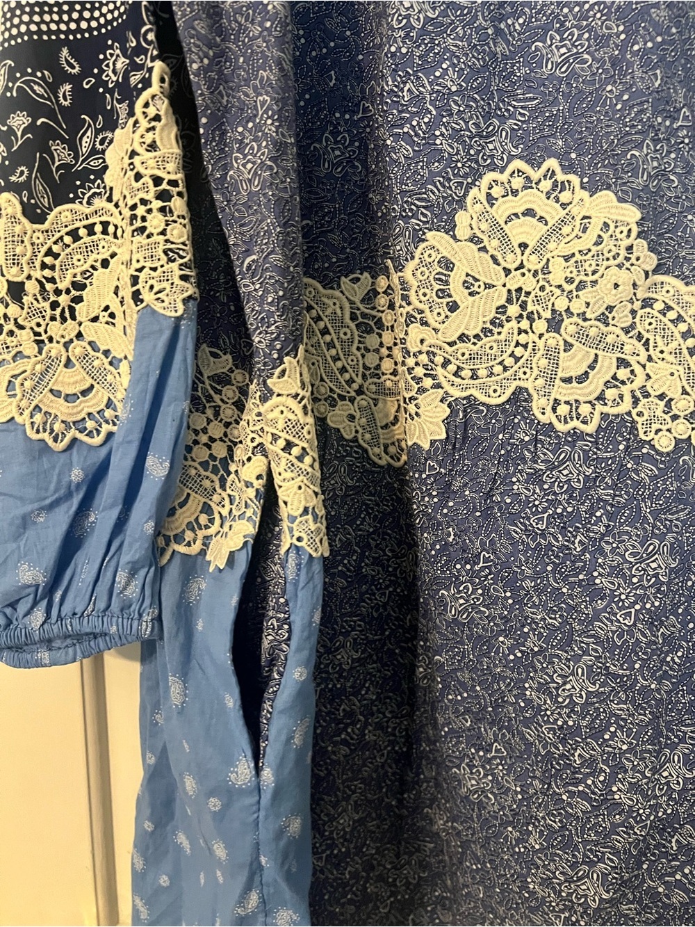 Loft Blue Boho Lace Trim Peasant mini Dress cottage poplin balloon sleeve L cos - Picture 12 of 13